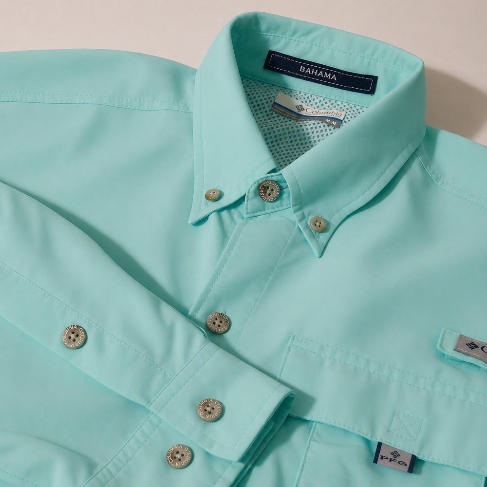 Columbia Fishing Shirt Mens Me Aqua Bahama PFG Long Sleeve Vented Button Down